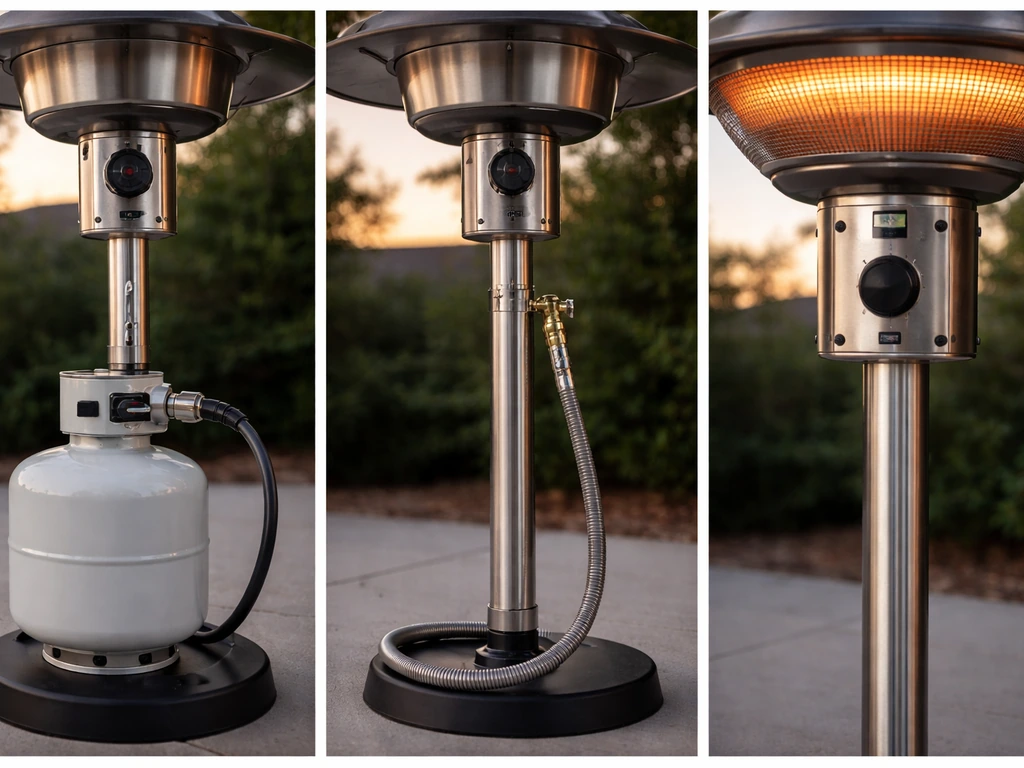 Three patio heater fuel setups—propane tank/burner, natural gas line, and electric heater—side by side.