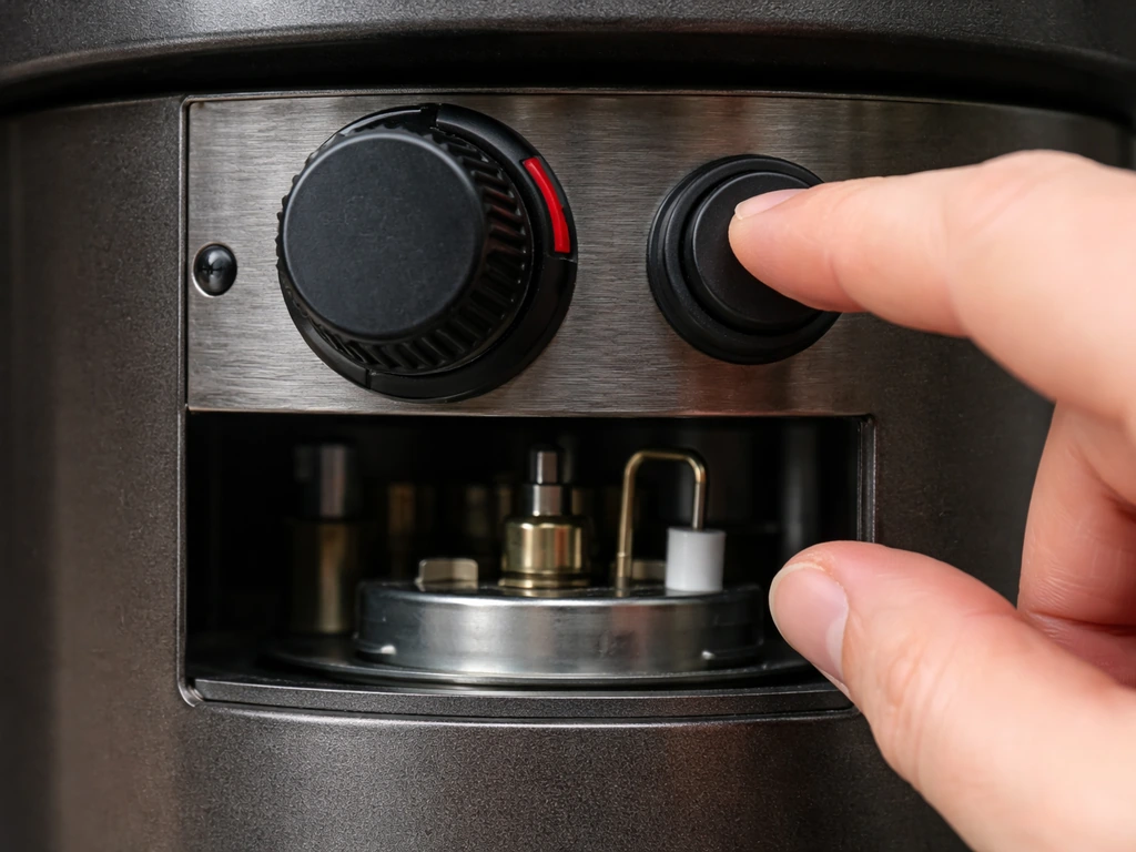Close-up of a propane patio heater control knob being pressed as the igniter button is activated