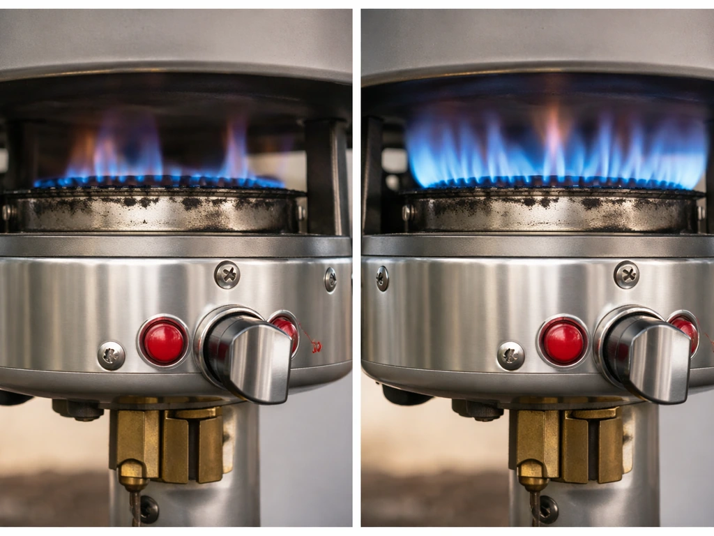 Split close-up of propane heater burner: weak flame and low heat vs strong stable flame on clean burner