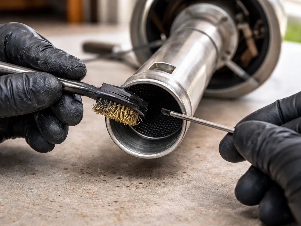 Technician’s gloved hands brushing a patio heater venturi tube, removing insect debris and spider webs.