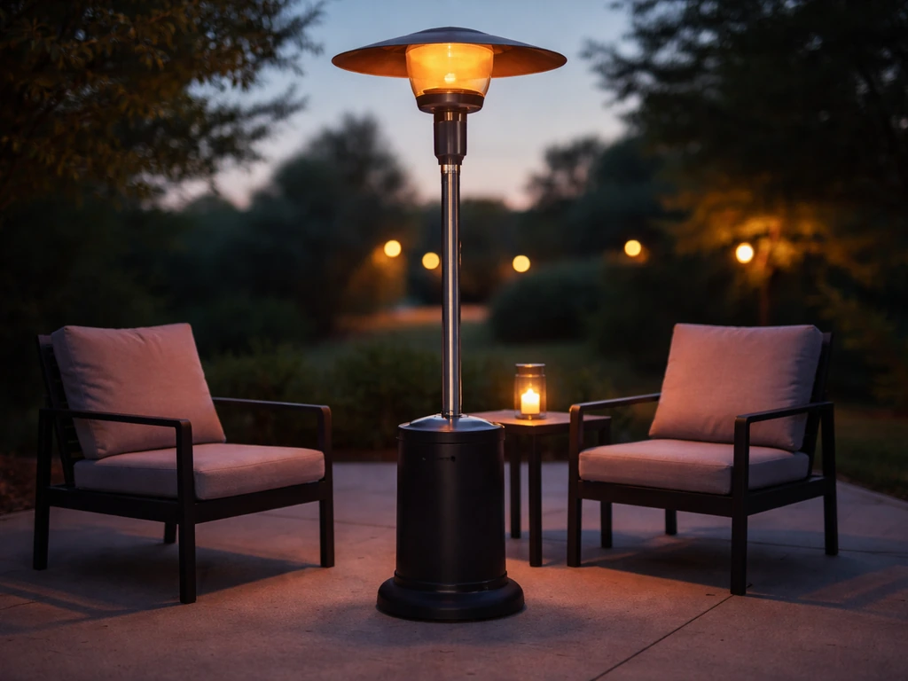 Outdoor patio heater at dusk warming a small seating area, showing heater placement and warm glow.