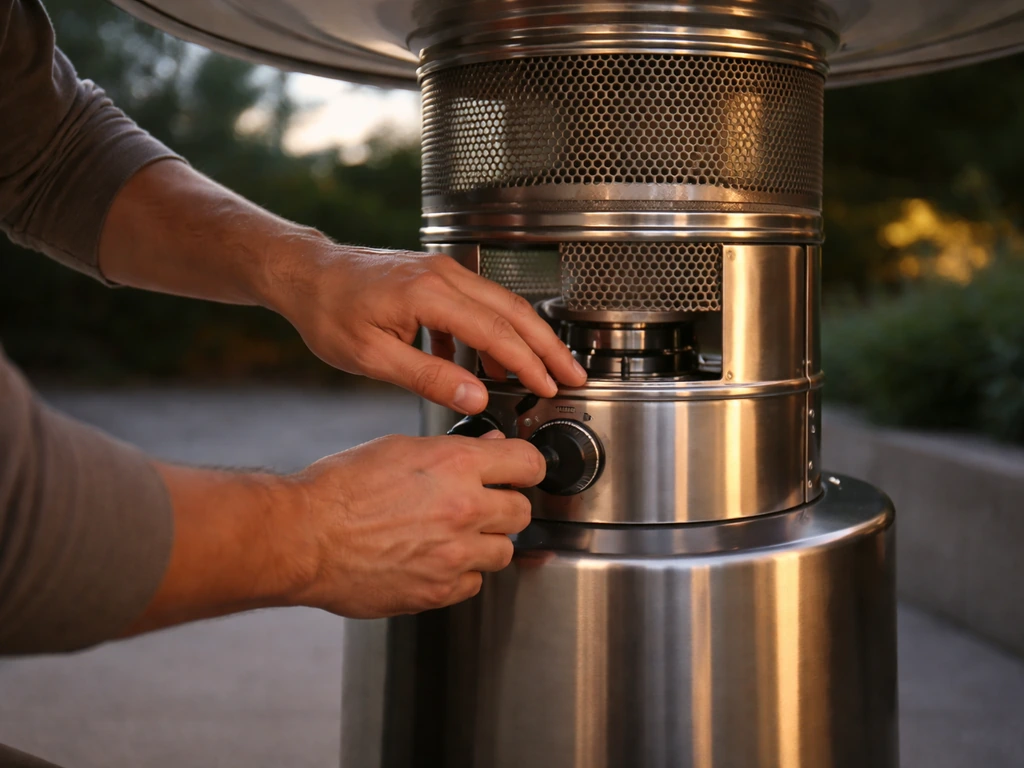 Hands checking an outdoor patio gas heater knob and burner area for safe operation