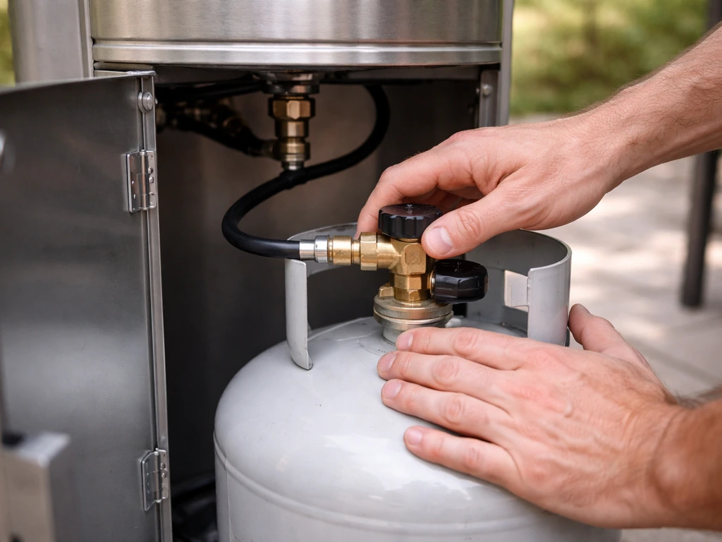 Close-up hands opening a propane patio heater base door and checking tank/regulator connection