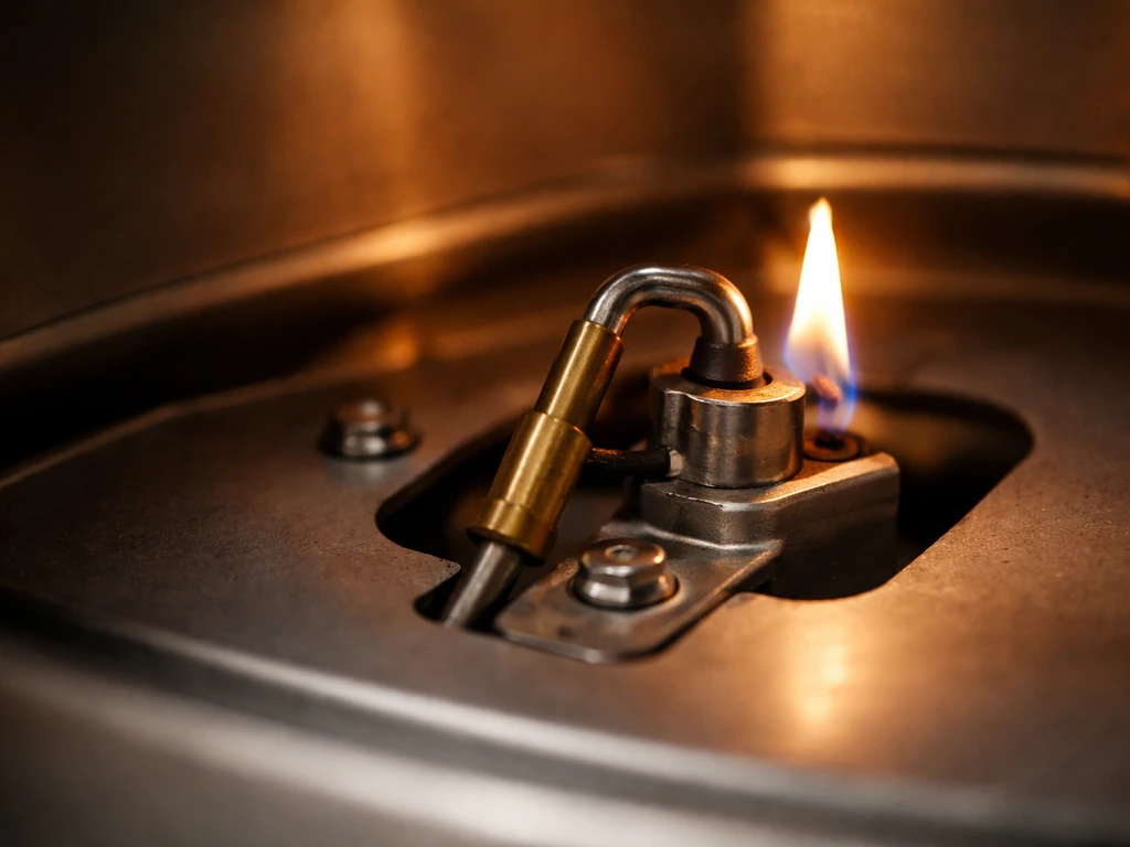 Close-up of a thermocouple near the pilot flame area inside a patio heater base.