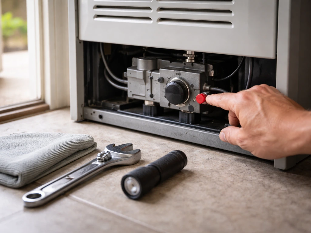 Technician hands checking a gas heater control panel with nearby tools, showing ignition attempt symptom.