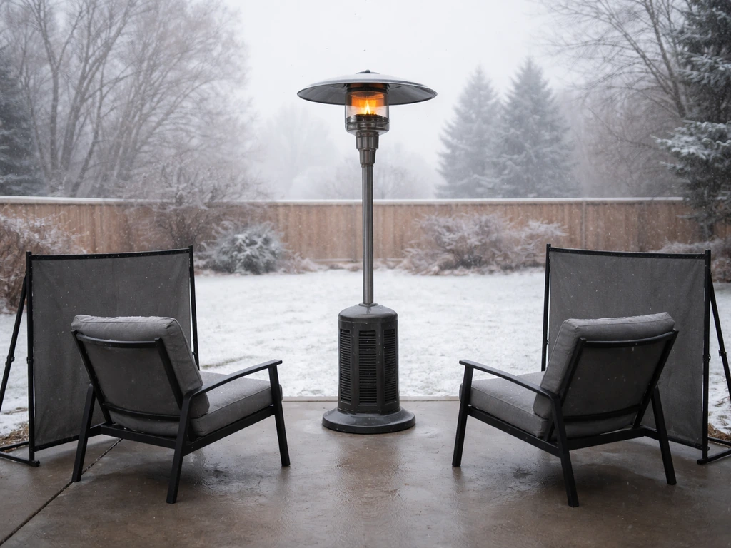 Patio heater placed in the recommended distance with wind-blocking panels angled for better warmth
