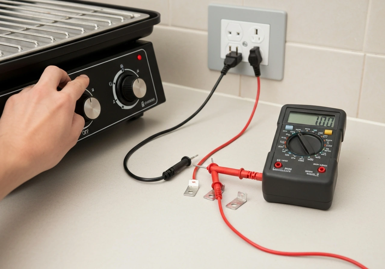 Close-up of an electric grill controller knob turned from OFF to ON, with cord, GFCI outlet, and multimeter test lead
