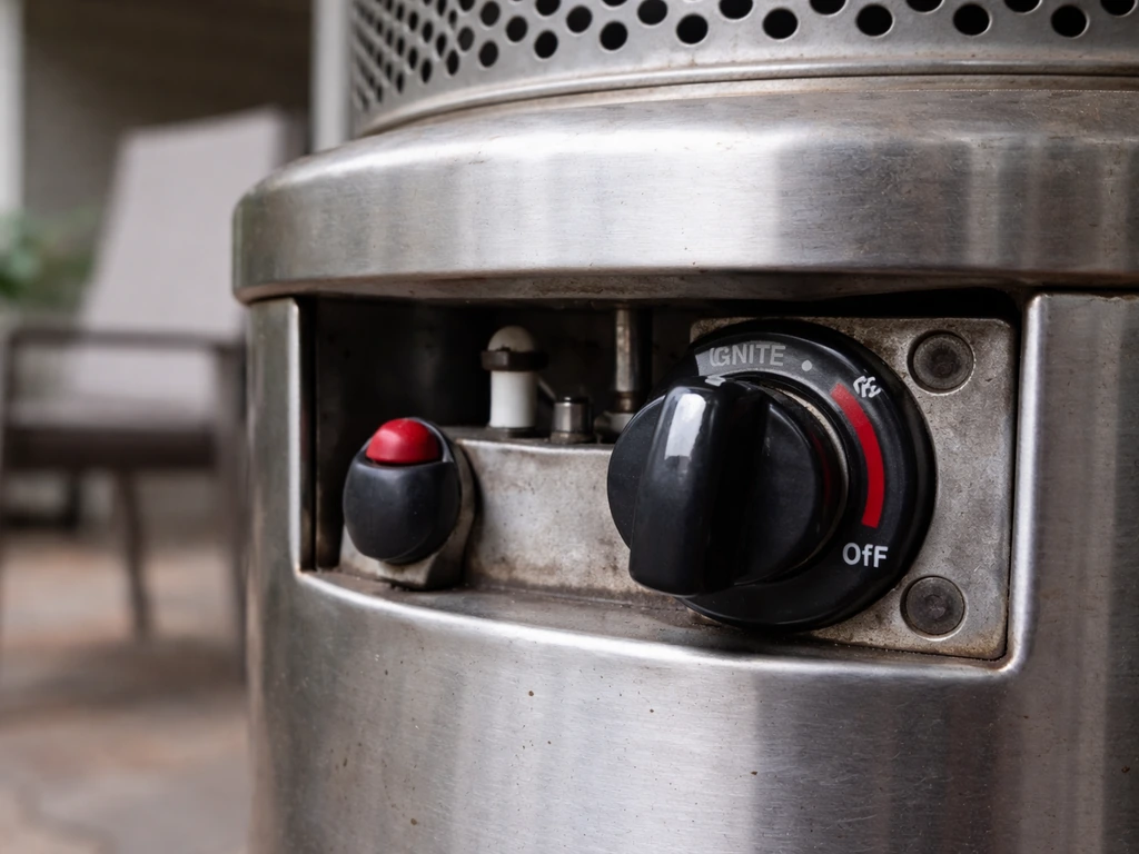 Close-up of a Hampton Bay patio heater igniter area on an outdoor patio with the control knob set to ignite