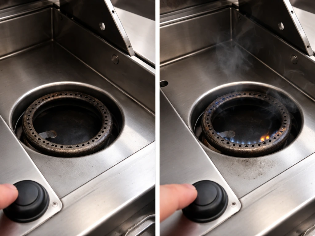 Two-panel-style photo showing a gas grill: no igniter spark vs burner flame that won’t stay lit
