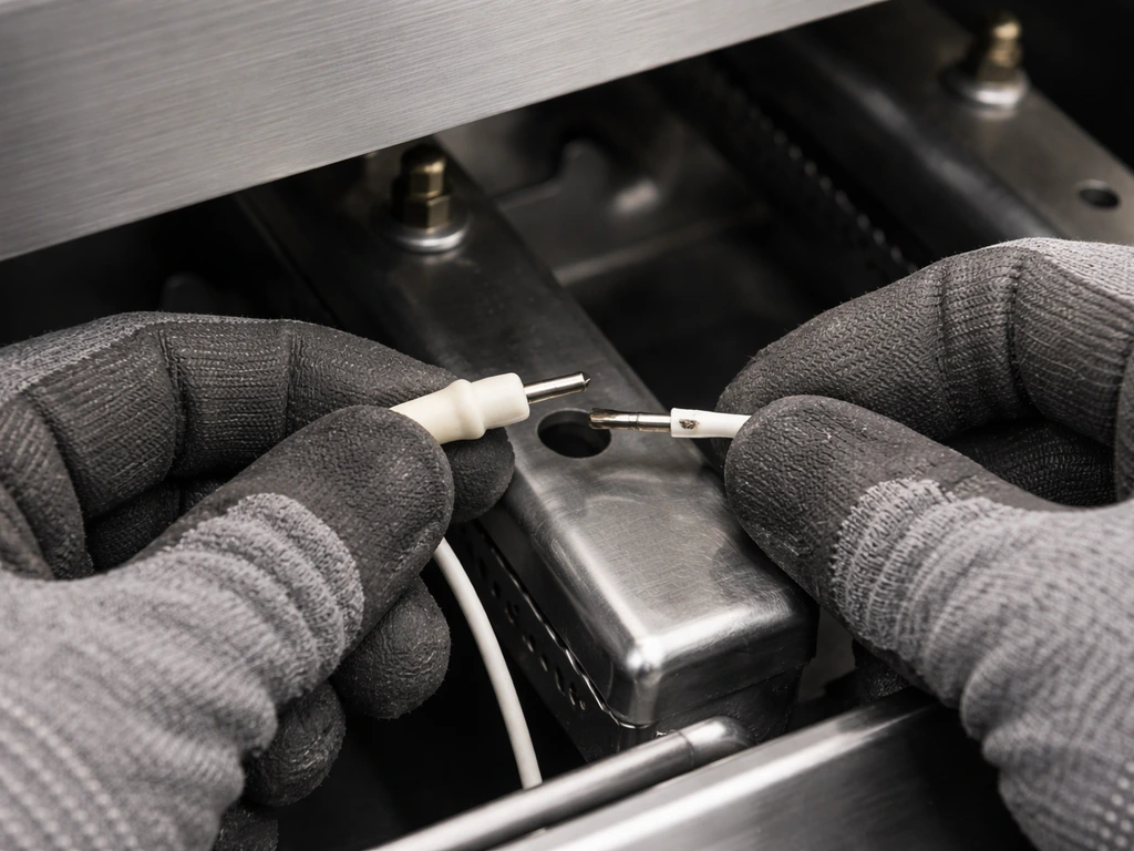 Gloved hands adjusting the ignition wire at a gas grill electrode tip, checking alignment and contact.