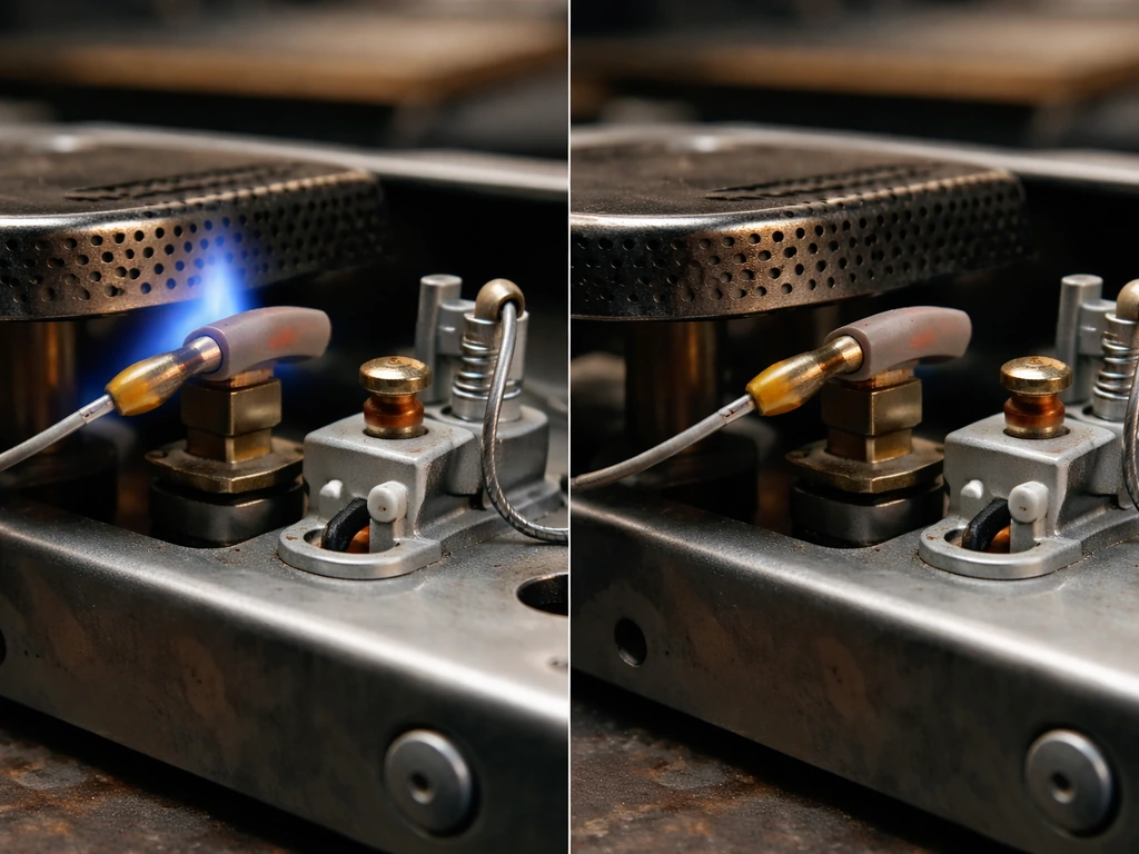 Close-up of a gas heater burner showing a thermocouple near a blue flame that goes out when released.
