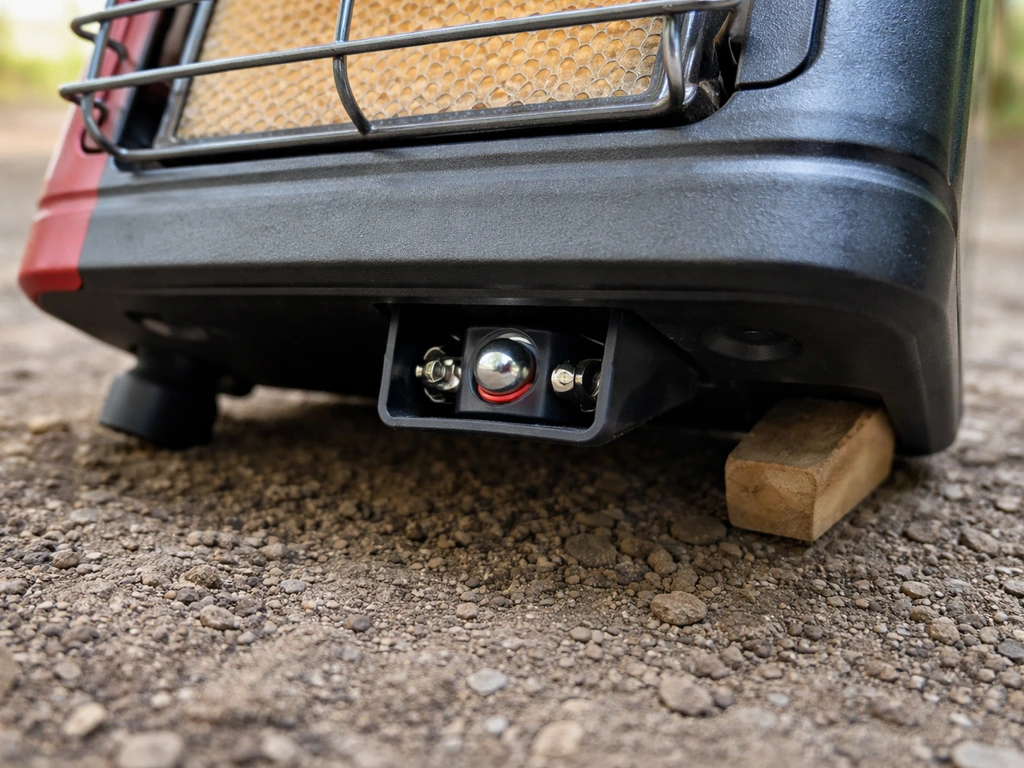 Portable gas heater stabilized on uneven ground, with the underside tilt safety sensor in clear view.