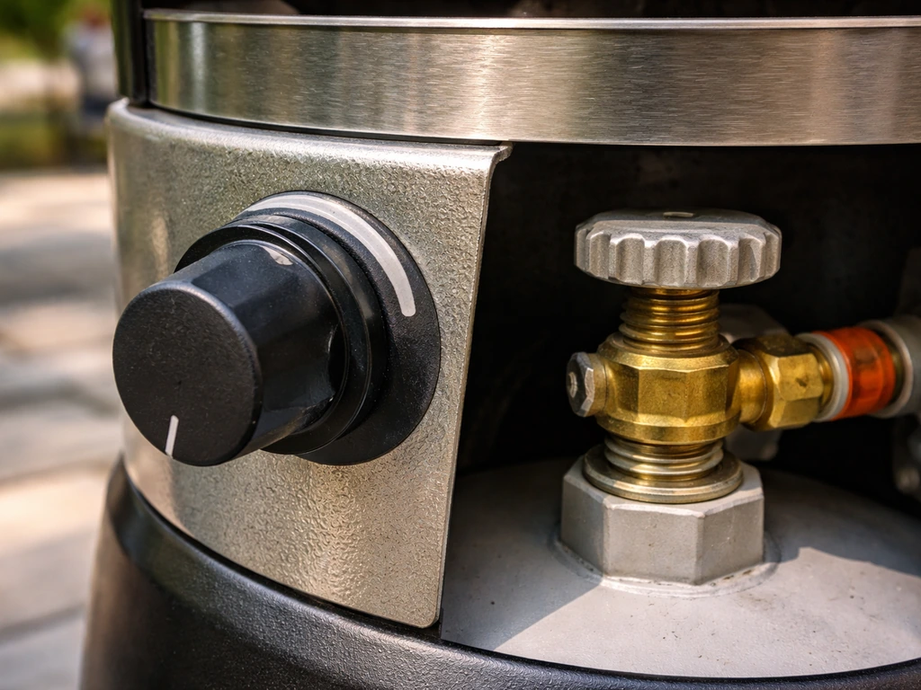 Close-up of a patio heater control knob and valve stem, tank valve fully turned clockwise to shut off gas.
