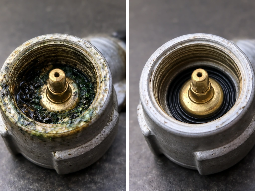 Close-up comparison of a corroded valve stem area with debris versus a clean valve stem area.