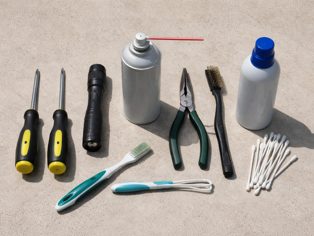 Overhead view of screwdrivers, pliers, compressed air, brush, silicone spray, and cotton swabs on concrete