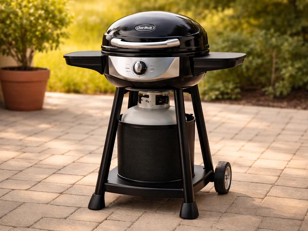 Clean, fully assembled gas grill on a patio under natural light, ready to use.