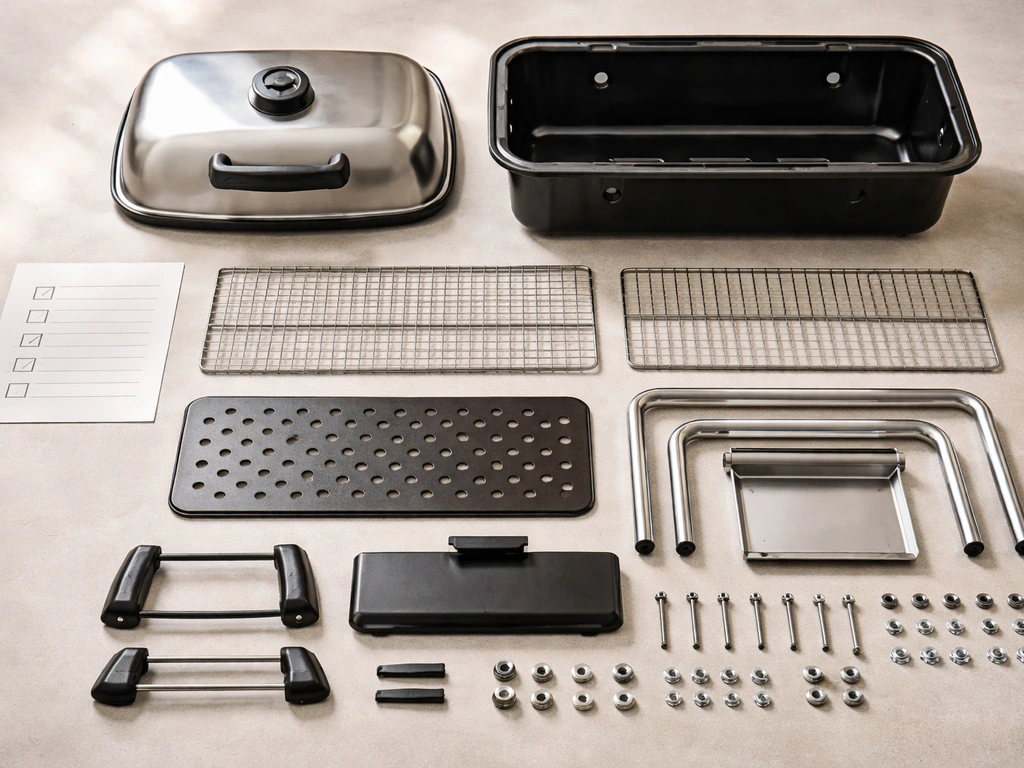 Workbench laid out with grill parts and a simple checklist showing checked items