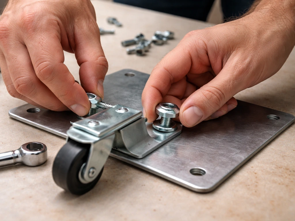 Hands attaching a metal cart bracket to a base with screws and nuts on a workbench.