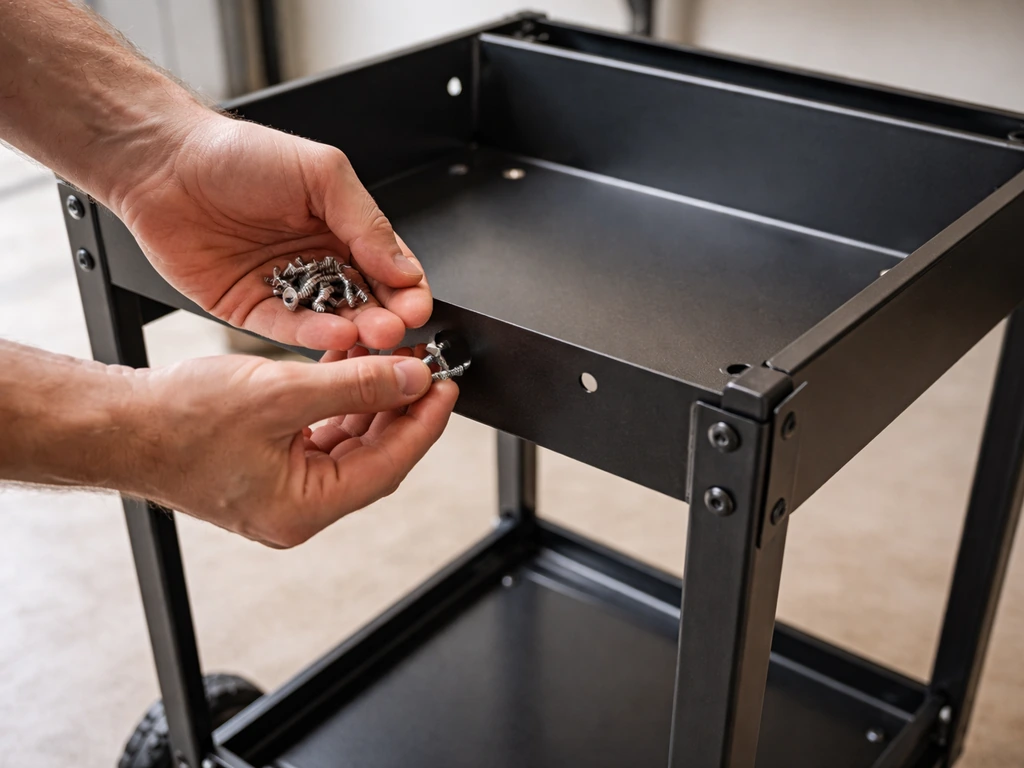 Hands align and fasten a metal firebox base to an upright cart using small screws and nuts.