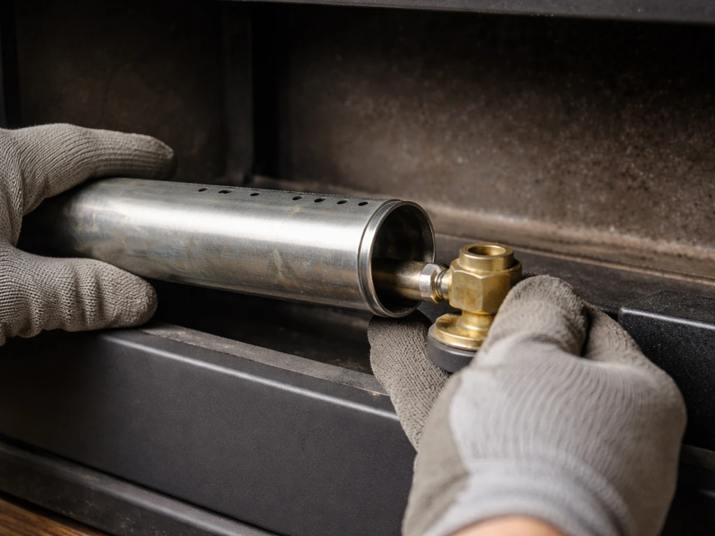 Close-up of a metal burner tube being lowered into a firebox, showing the open end aligning over the valve opening.