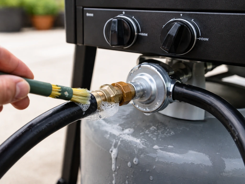 Outdoor propane grill with regulator/hose connection being leak-tested using soapy water at the joint