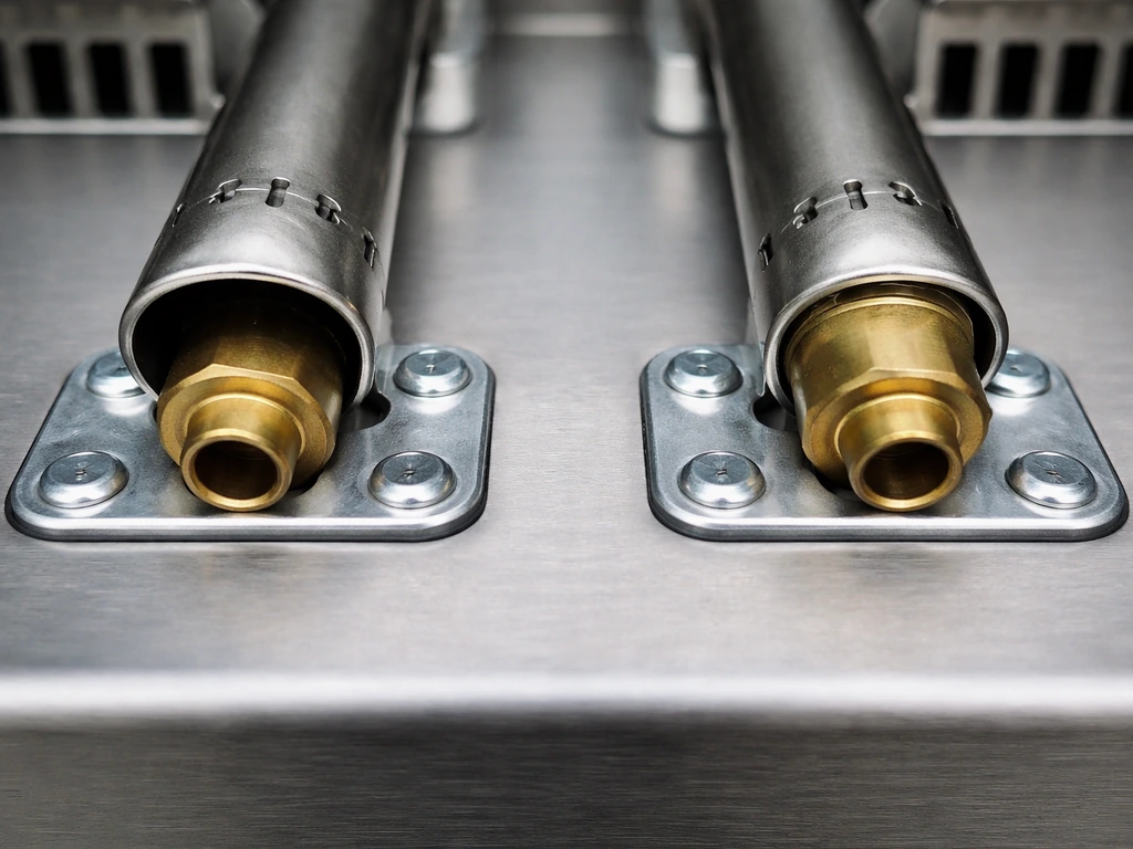 Close-up of a grill burner tube misaligned over the valve next to a correctly seated burner connection.