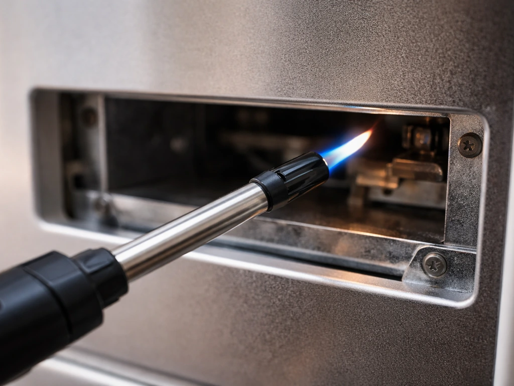 Close-up of a long-stem lighter with extended neck and blue flame reaching into a narrow heater opening.
