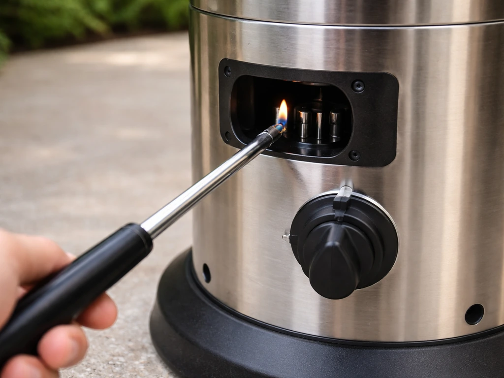 Long-stem lighter at a patio heater’s pilot access, heater control knob set to OFF.