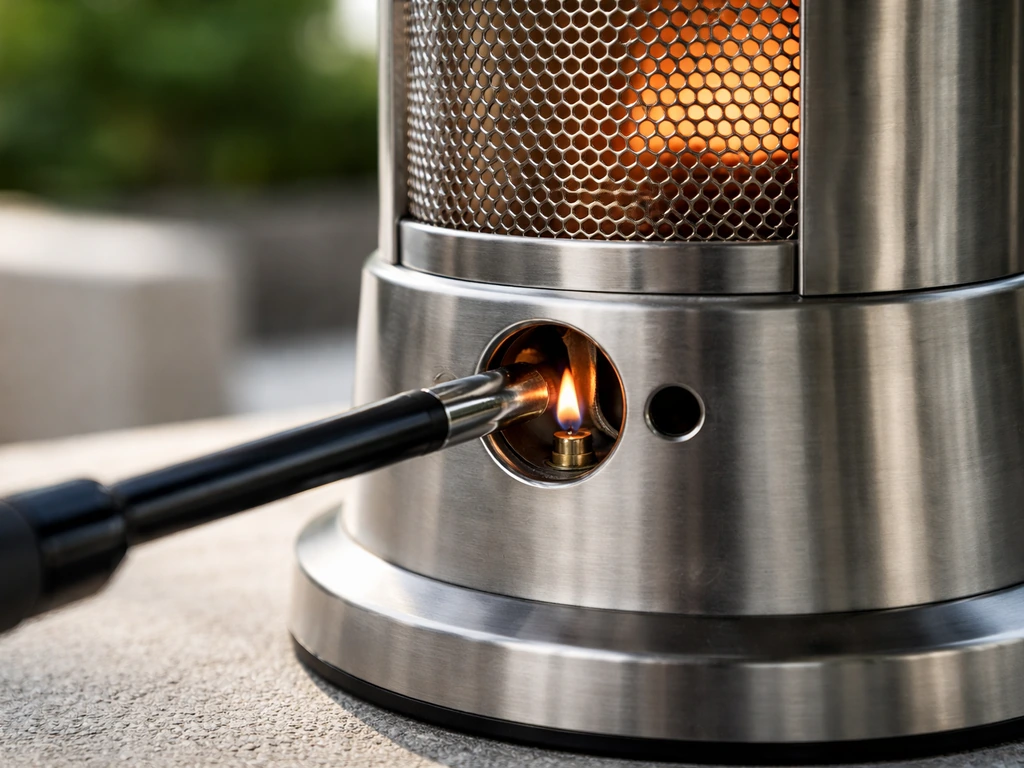 Side close-up of a tabletop patio heater’s side ignition port with a long lighter near the pilot area.