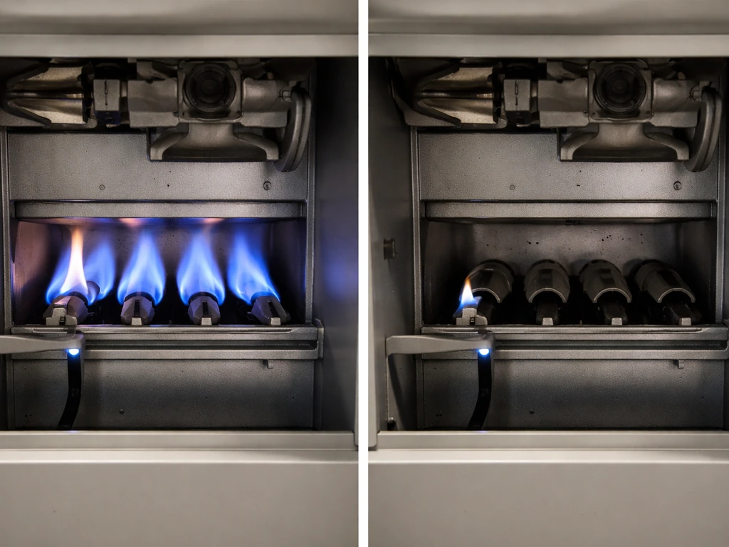 Split-screen photo of a gas furnace control area: pilot on with main burner staying lit vs pilot on but burner won’t sta