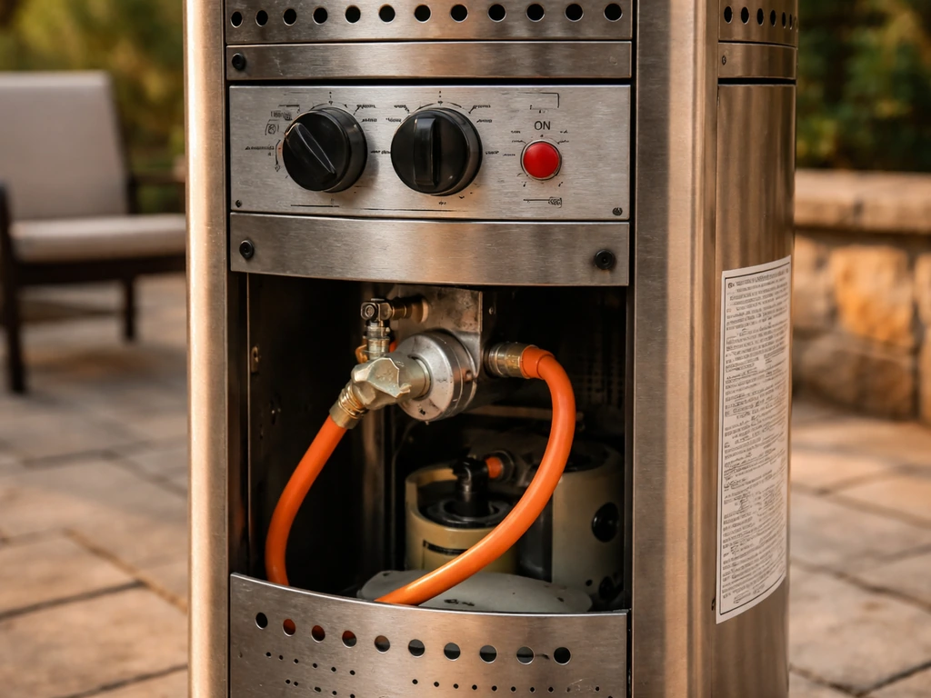 Close-up of a gas patio heater on a patio with its manual/assembly label visible.