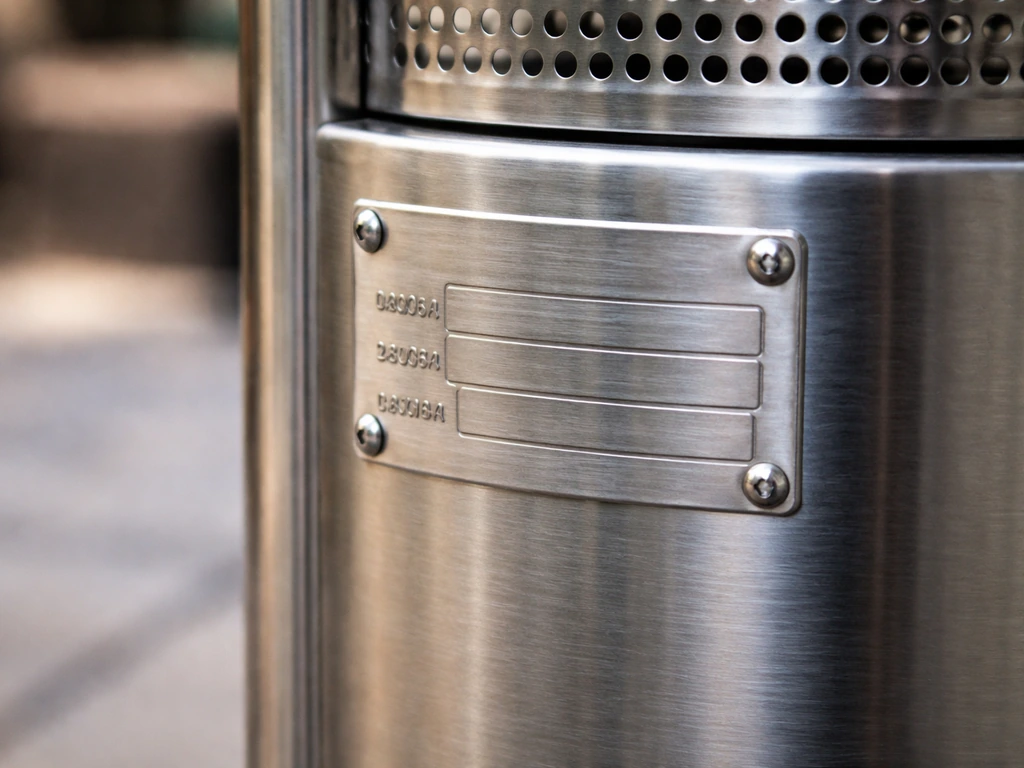 Close-up of a gas patio heater’s model label/data plate in a simple outdoor setting.