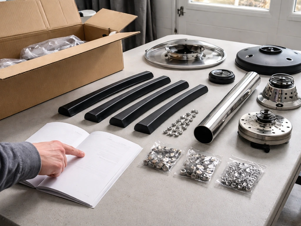 Patio heater parts laid on a clean table with bolts, emitter pieces, and a manual open for inventory