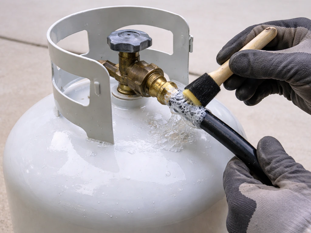 Gloved hands brushing soapy water on a propane regulator fitting with bubbles at a leak point.