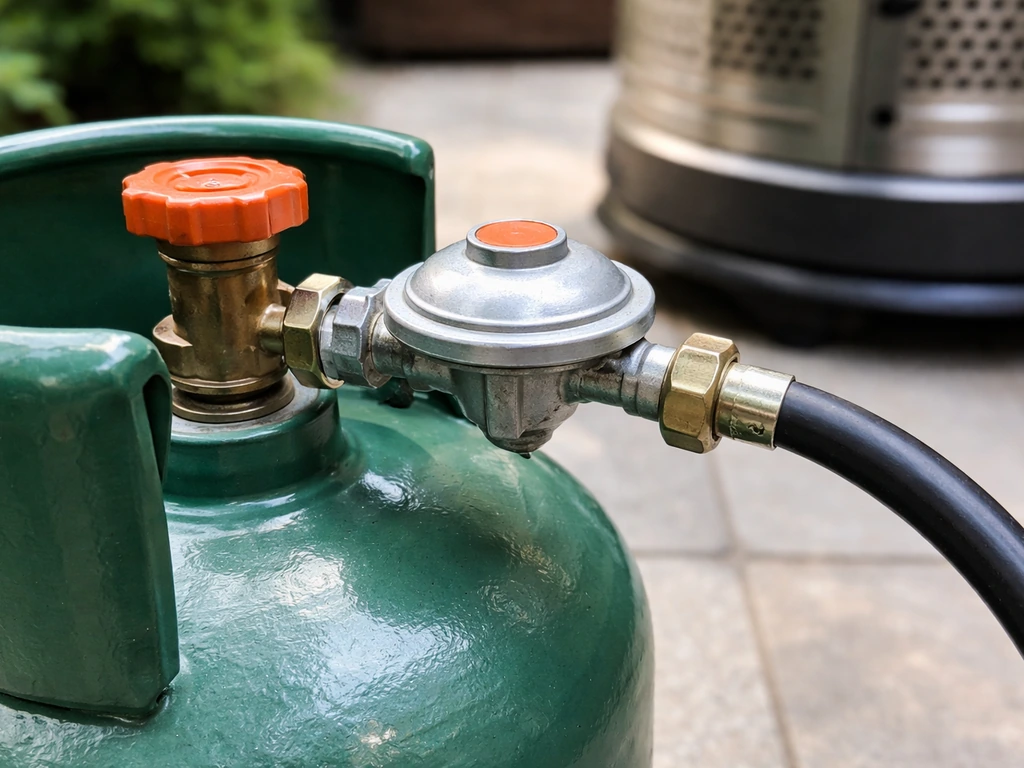 Close-up of a patio gas cylinder with regulator and hose connected to a patio gas heater inlet.