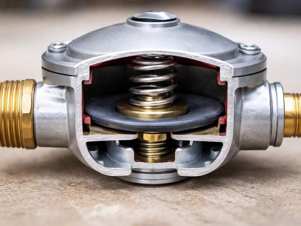 Cutaway view of a patio gas regulator internals, focusing on diaphragm and spring mechanism.