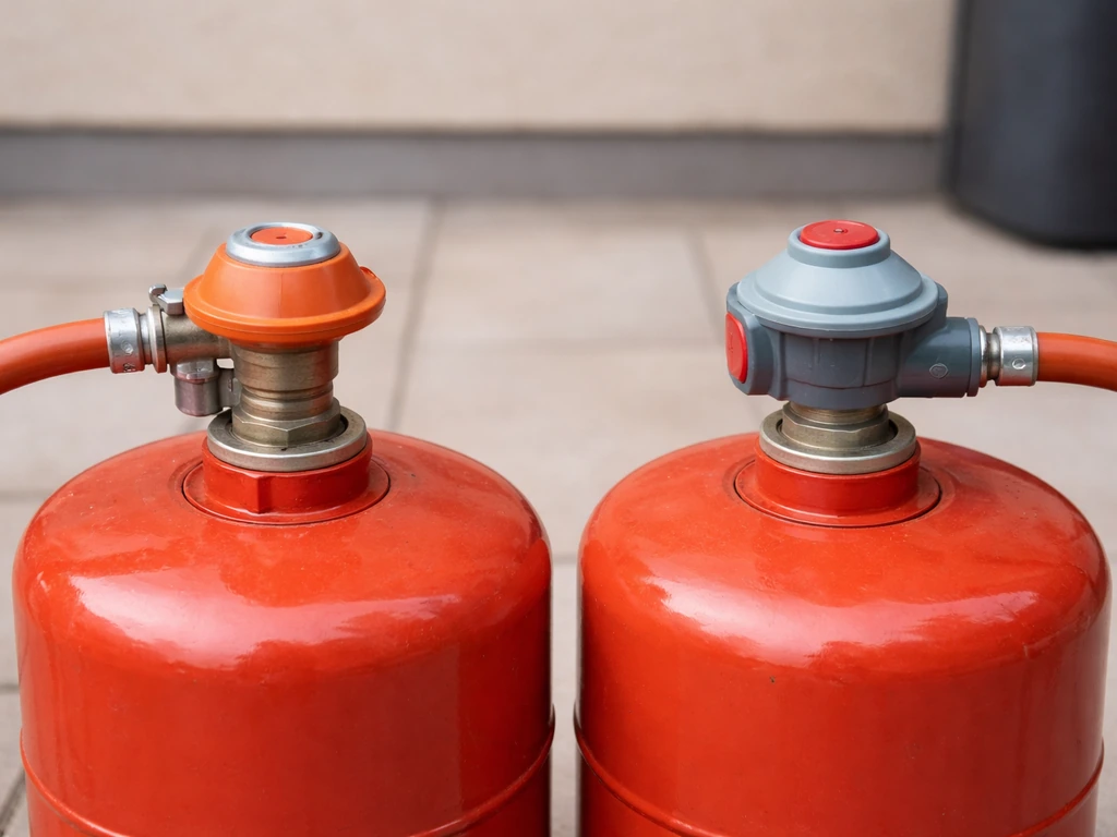 Two side-by-side UK patio heater gas cylinder setups showing propane/butane cylinders and different regulators.