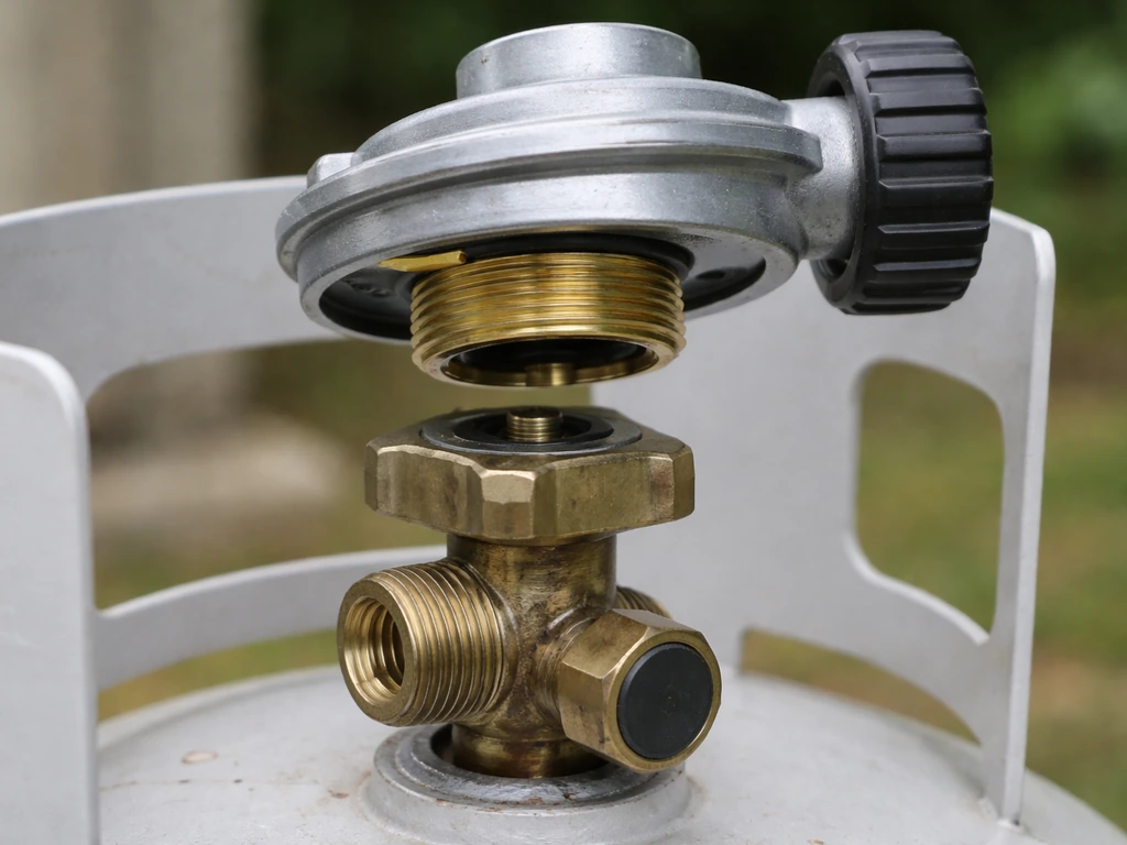 Close-up of a propane POL regulator being screwed onto a cylinder valve, threads aligned correctly.