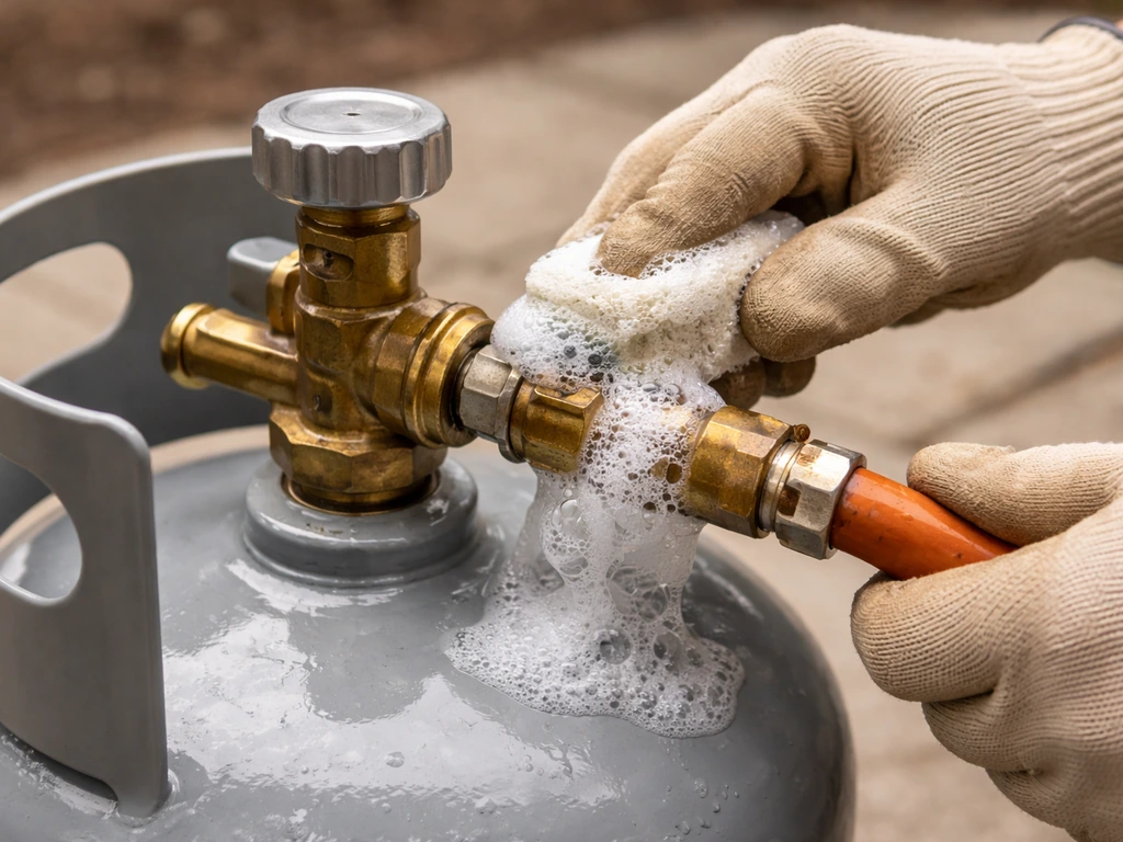 Close-up of soapy water applied to a gas regulator connection, bubbles forming to show a leak check.