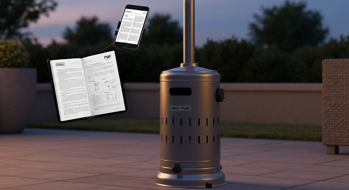 Illustration of a generic freestanding propane patio heater beside a smartphone displaying an open PDF manual; neutral background, no brand logos.
