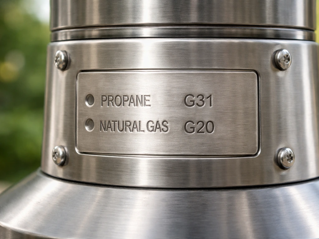 Close-up of a patio heater’s data plate showing fuel type and gas category codes
