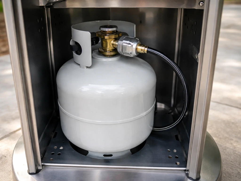 Propane cylinder seated in a patio heater base with regulator securely connected.