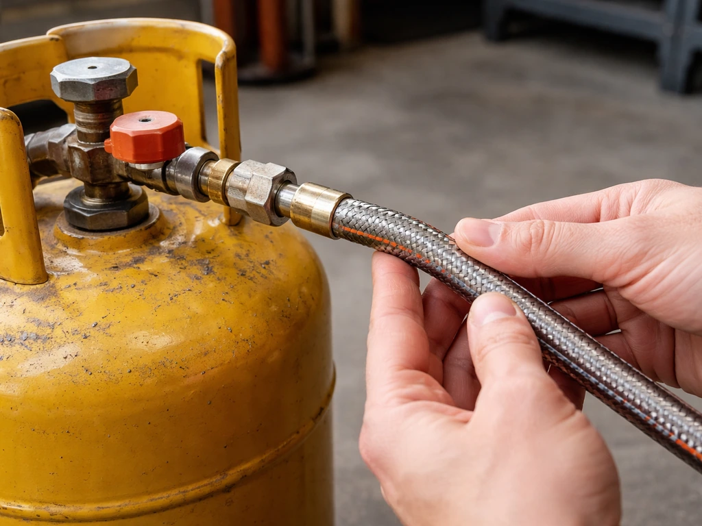 Close-up of a gas hose and cylinder connection, showing careful inspection for cracks, splits, and kinks.