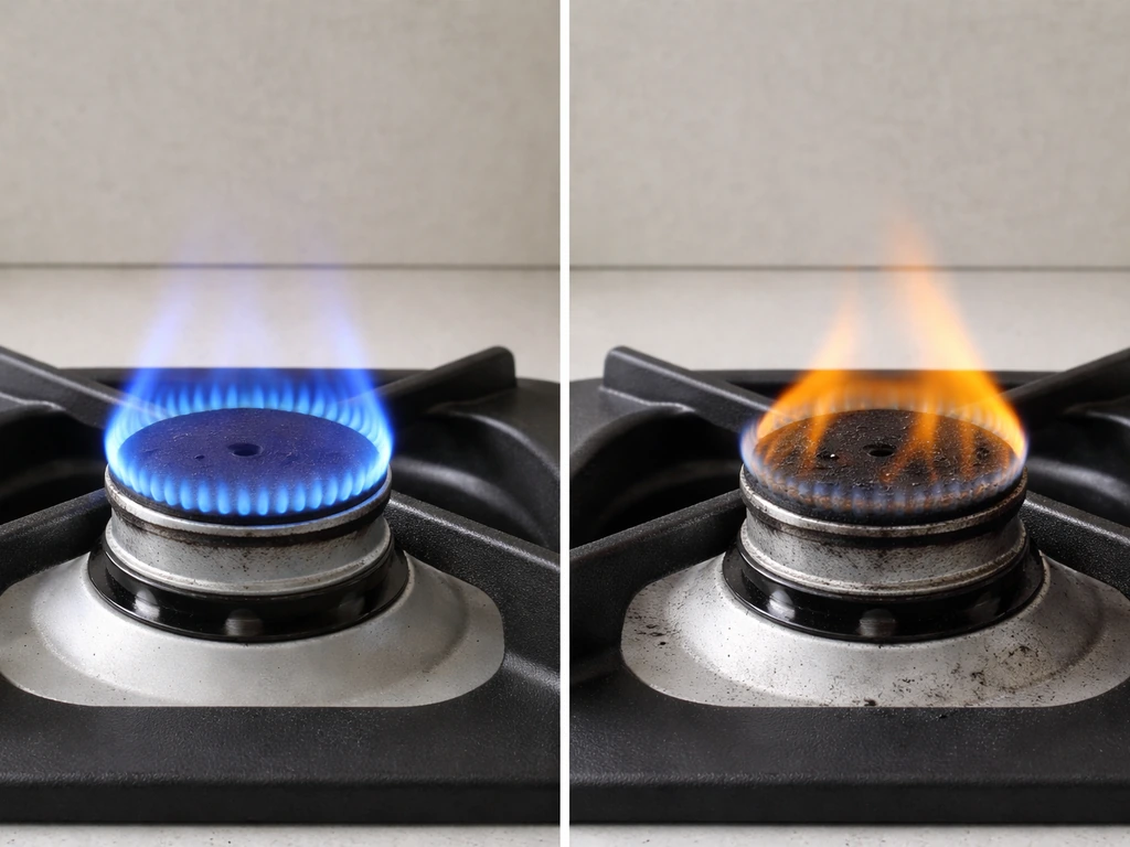 Two close-up propane stove flames: one clean blue, one yellow/orange sooty with low output.