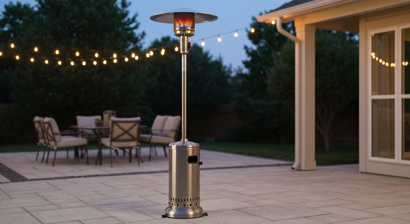 Fully assembled freestanding stainless-steel patio heater on a backyard patio at dusk, emitter head glowing, base and pole visible, no people.