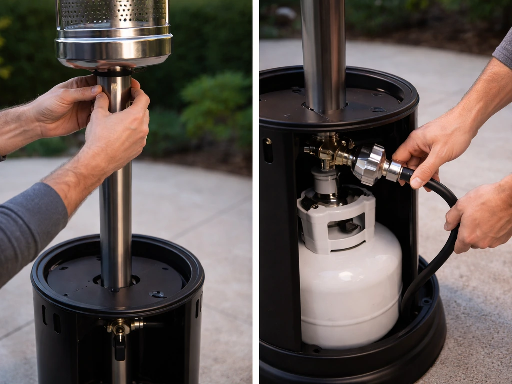 Close-up of assembling a portable LP heater, showing hose and cylinder connection points before ignition.