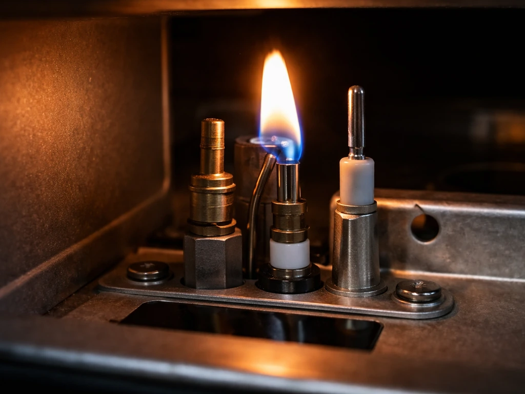 Close-up of a gas heater pilot flame heating the thermocouple/ODS area near the burner assembly.