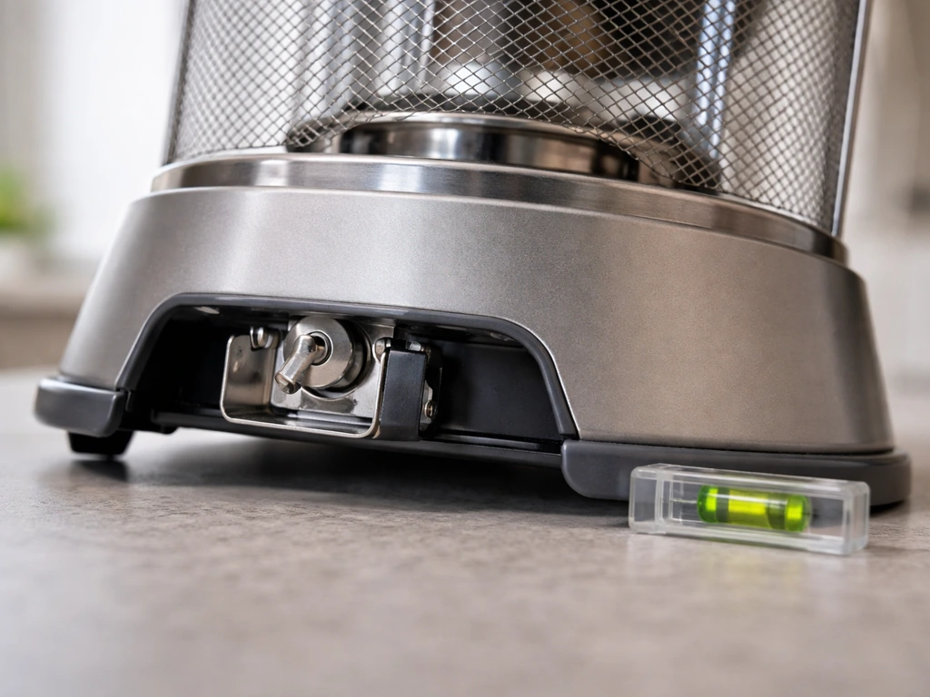 Close-up of a gas heater with the tilt-safety mechanism area, shown on level vs slightly tilted base