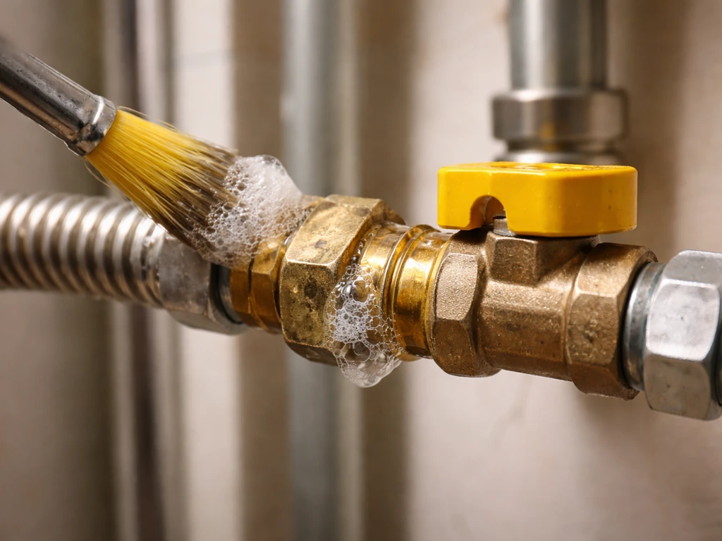 Close-up of gas line fittings with soapy water brushed on, showing bubbles at one connection