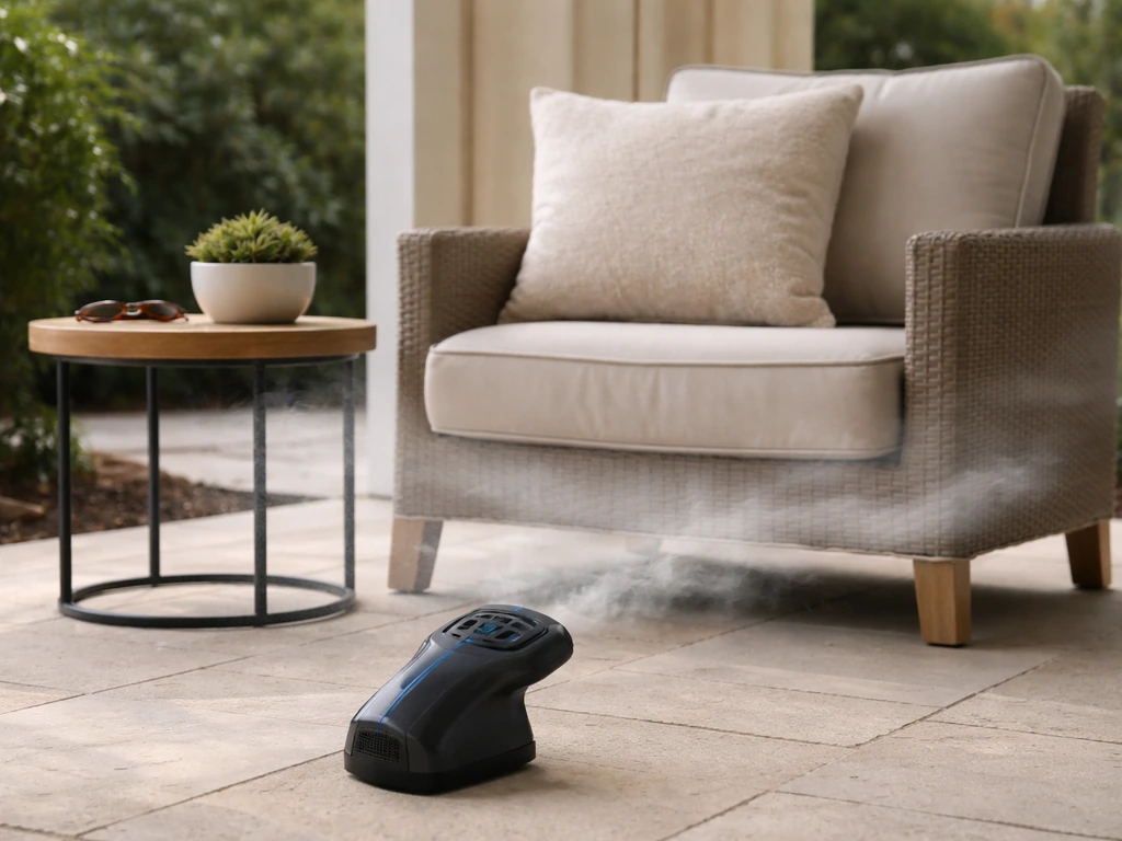 Outdoor patio chair beside a repellent device with faint vapor drifting around the seating area